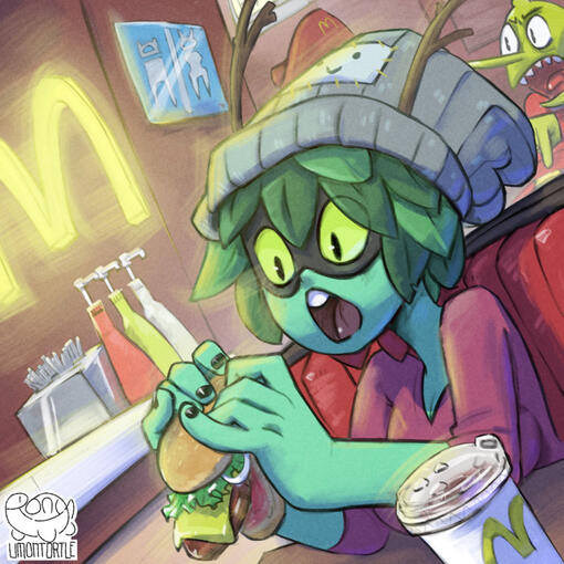 Huntress Wizard Eating a Burger